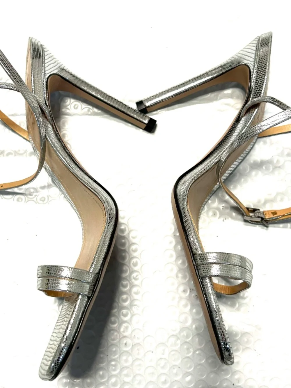 SCHUTZ Silver Metallic Straps Sandals Square Toe Stiletto Heels 3.5-4 Sz 8.5